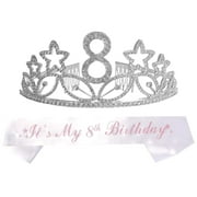 8th Birthday Sash and Tiara for Girls - Fabulous Glitter Sash + Stars Rhinestone Silver Premium Metal Tiara for Girls, 8th Birthday Gifts for Princess Party